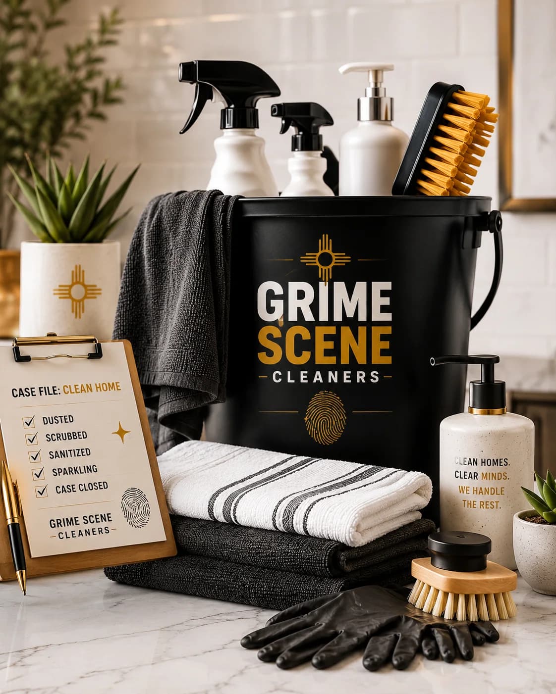 Grime Scene Cleaners branded black caddy with supplies, brushes, folded towels and gloves on a marble counter
