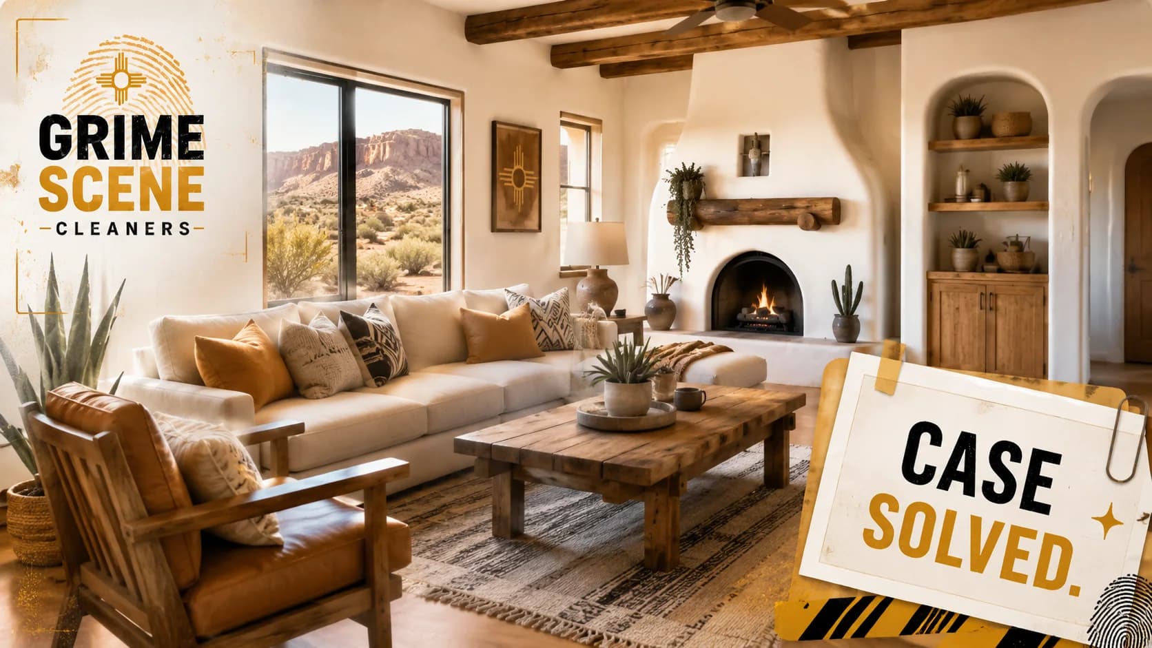 Freshly cleaned adobe-style living room with wood beams, a lit fireplace and a high-desert view